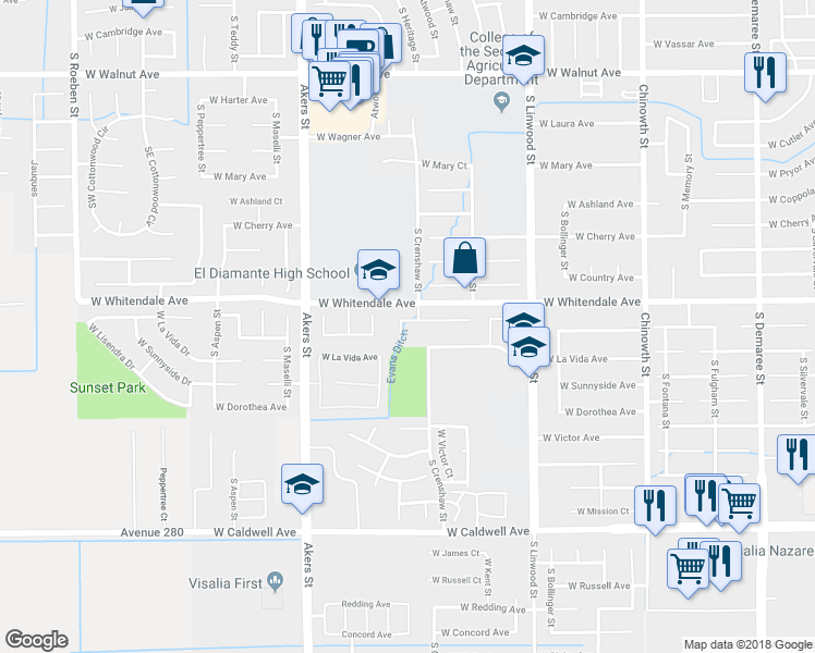 map of restaurants, bars, coffee shops, grocery stores, and more near 2842 South Covington Court in Visalia