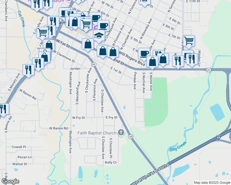 map of restaurants, bars, coffee shops, grocery stores, and more near 409 South Wewoka Avenue in Claremore