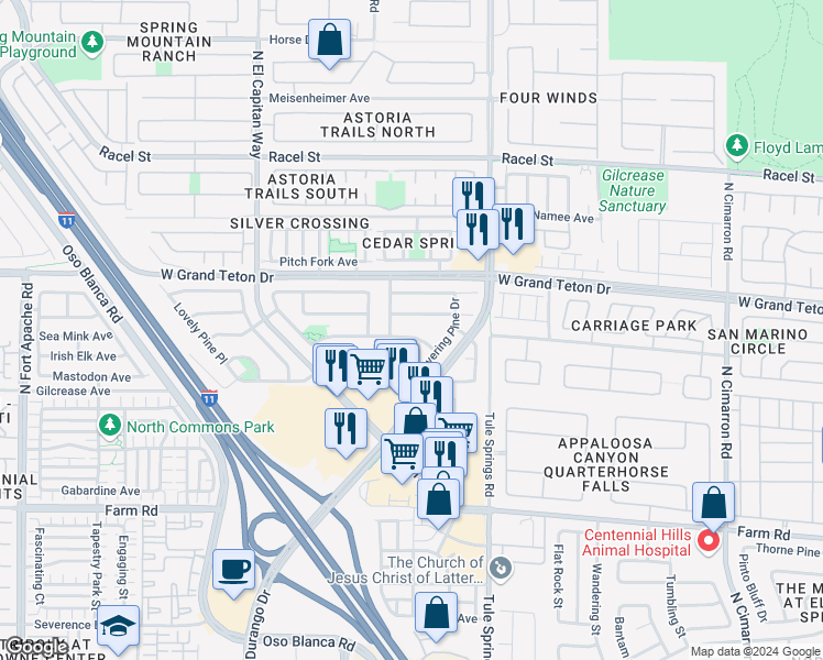 map of restaurants, bars, coffee shops, grocery stores, and more near 8540 Hidden Pines Avenue in Las Vegas