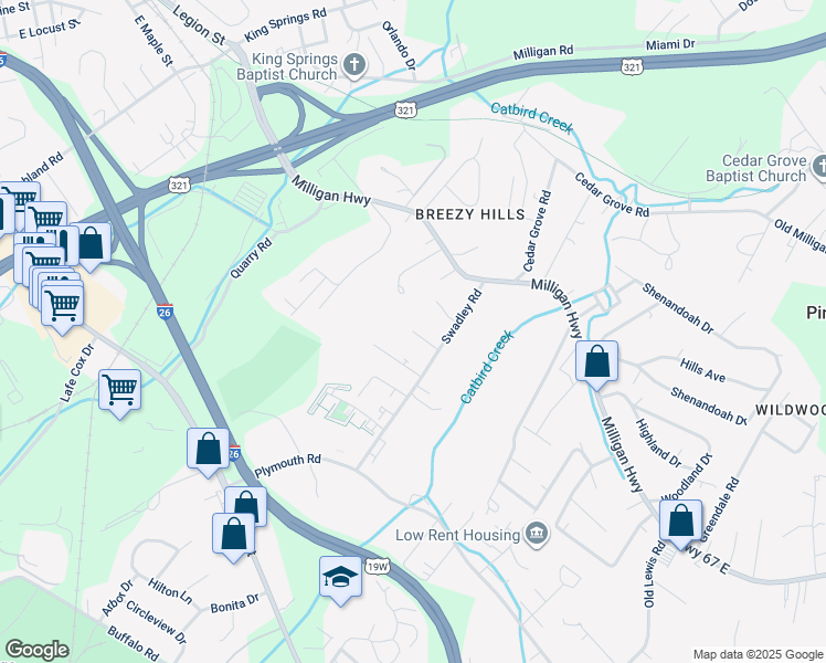 map of restaurants, bars, coffee shops, grocery stores, and more near 198 Mize Lane in Johnson City