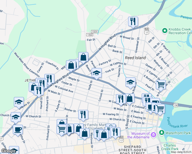 map of restaurants, bars, coffee shops, grocery stores, and more near 801 West Elizabeth Street in Elizabeth City
