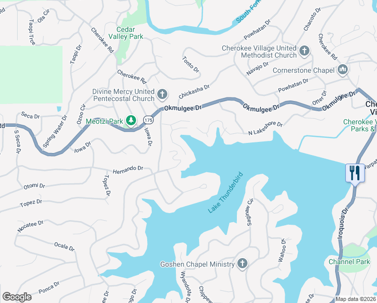map of restaurants, bars, coffee shops, grocery stores, and more near 39 Los Indious Boulevard in Cherokee Village