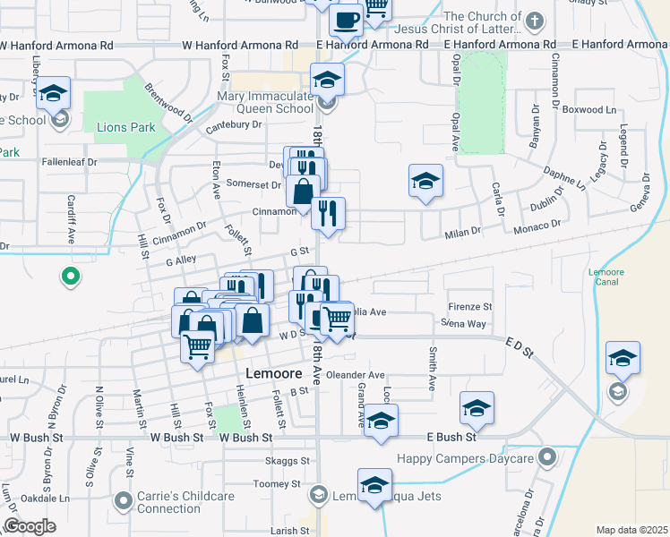 map of restaurants, bars, coffee shops, grocery stores, and more near 514 North Lemoore Avenue in Lemoore
