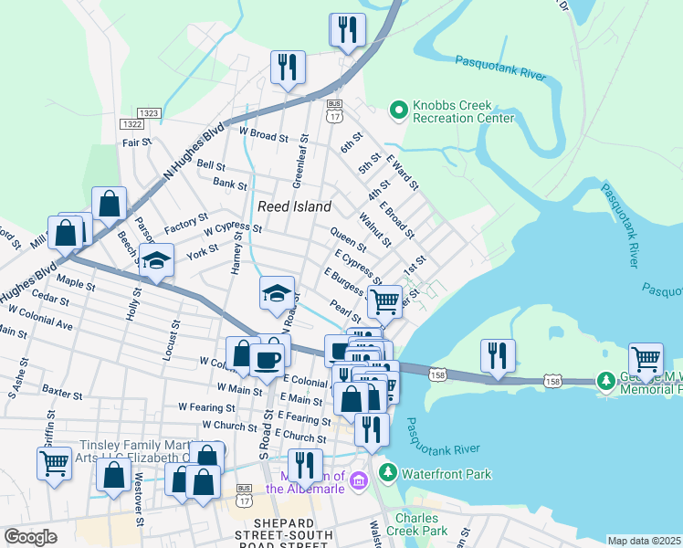 map of restaurants, bars, coffee shops, grocery stores, and more near 300 East Burgess Street in Elizabeth City
