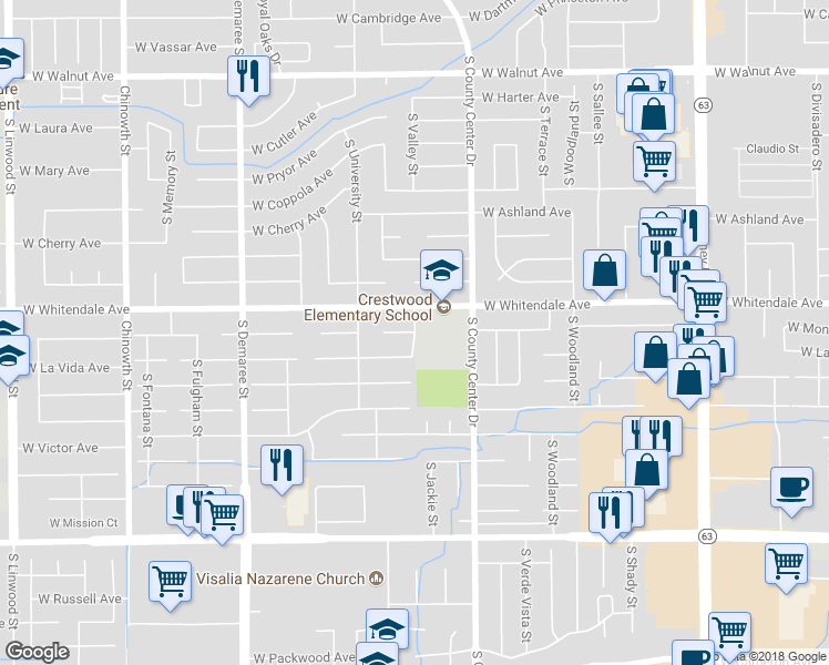 map of restaurants, bars, coffee shops, grocery stores, and more near West Redwood Street in Visalia