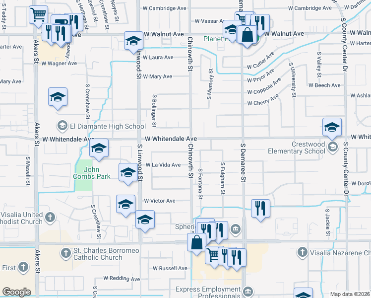 map of restaurants, bars, coffee shops, grocery stores, and more near 4143 West Monte Vista Avenue in Visalia