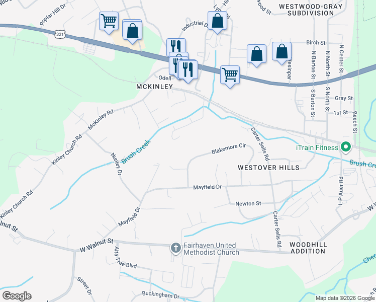 map of restaurants, bars, coffee shops, grocery stores, and more near 168 Blakemore Circle in Johnson City