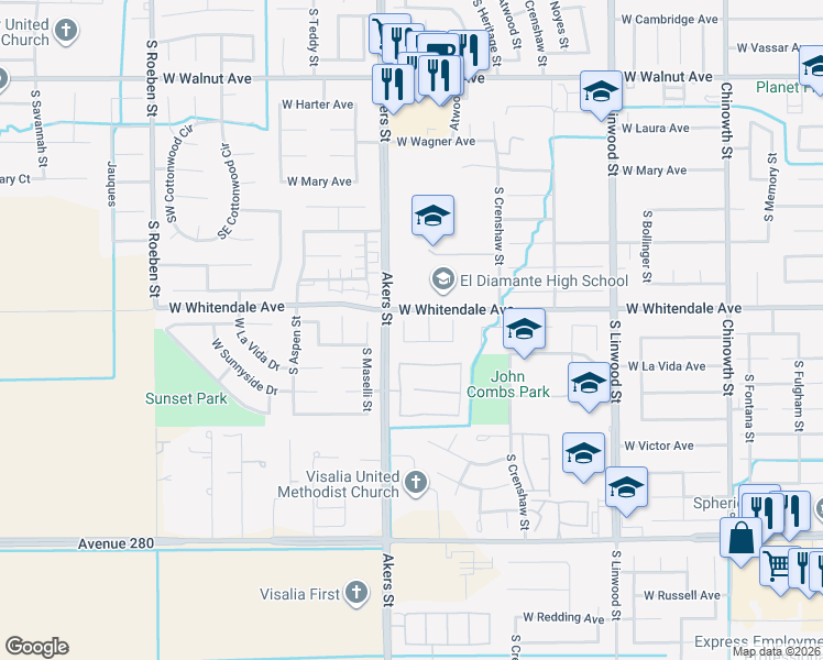 map of restaurants, bars, coffee shops, grocery stores, and more near 2903 South Avocado Court in Visalia