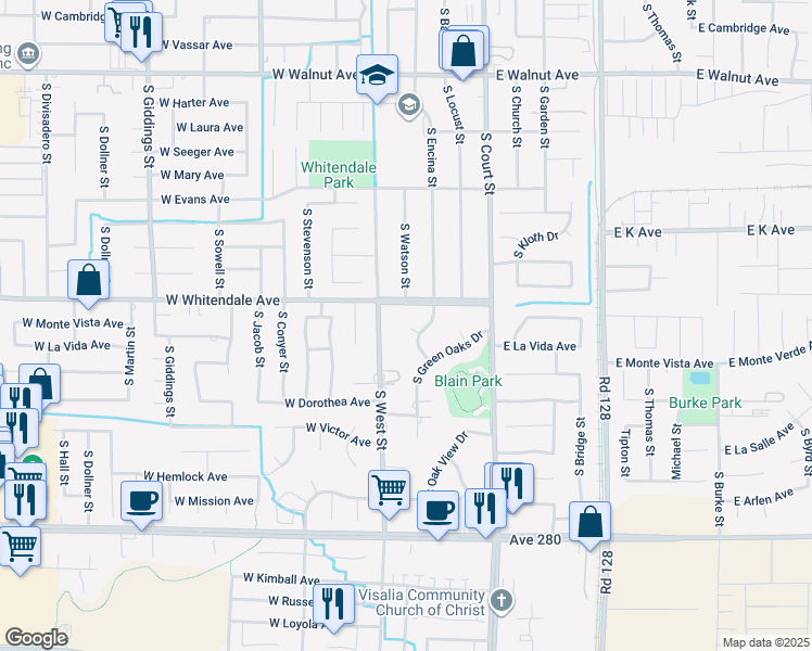 map of restaurants, bars, coffee shops, grocery stores, and more near 2905 South Encina Street in Visalia