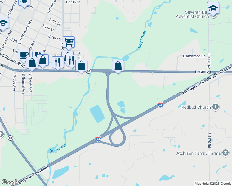 map of restaurants, bars, coffee shops, grocery stores, and more near Turnpike Gate in Claremore