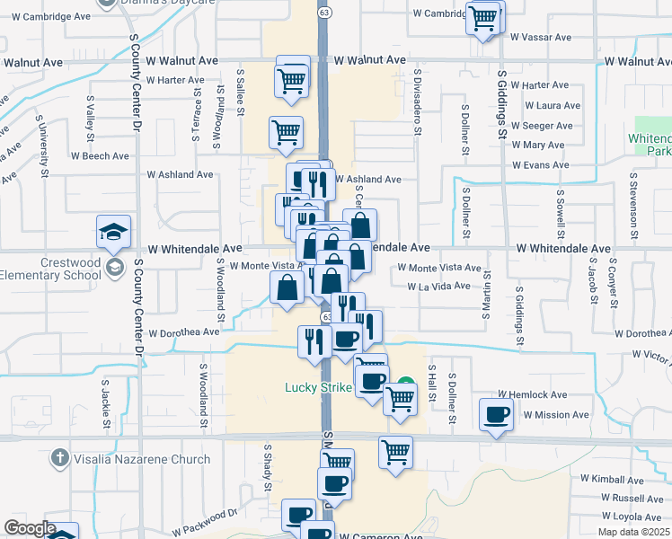 map of restaurants, bars, coffee shops, grocery stores, and more near 2942 South Mooney Boulevard in Visalia