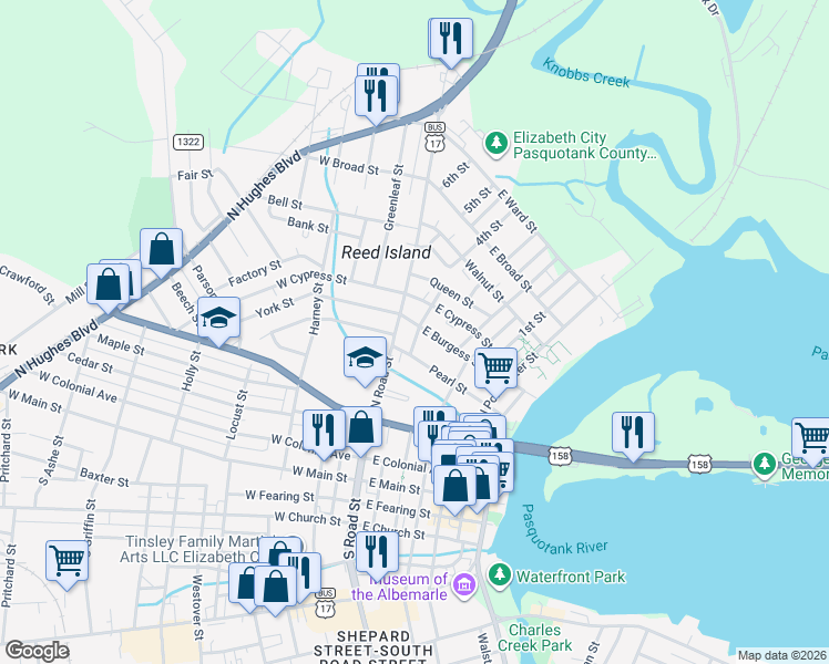 map of restaurants, bars, coffee shops, grocery stores, and more near 209 East Burgess Street in Elizabeth City