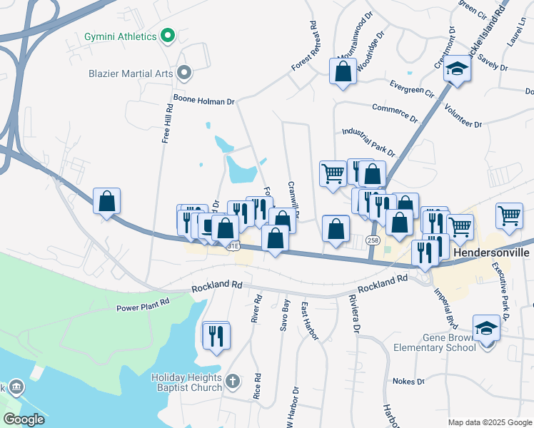 map of restaurants, bars, coffee shops, grocery stores, and more near 109A Forest Retreat Road in Hendersonville