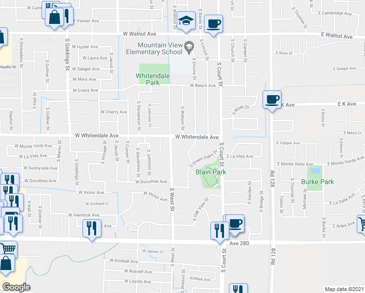 map of restaurants, bars, coffee shops, grocery stores, and more near 2905 South Encina Street in Visalia