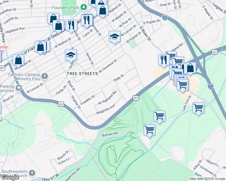 map of restaurants, bars, coffee shops, grocery stores, and more near 408 West Highland Road in Johnson City