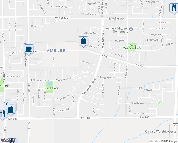 map of restaurants, bars, coffee shops, grocery stores, and more near 2852 South Terralinda Street in Visalia