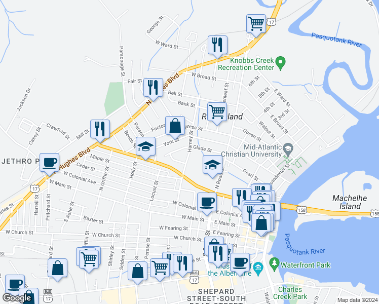 map of restaurants, bars, coffee shops, grocery stores, and more near 499 Harney Street in Elizabeth City