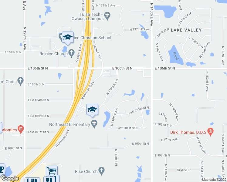 map of restaurants, bars, coffee shops, grocery stores, and more near 13815 East 104th Court North in Owasso