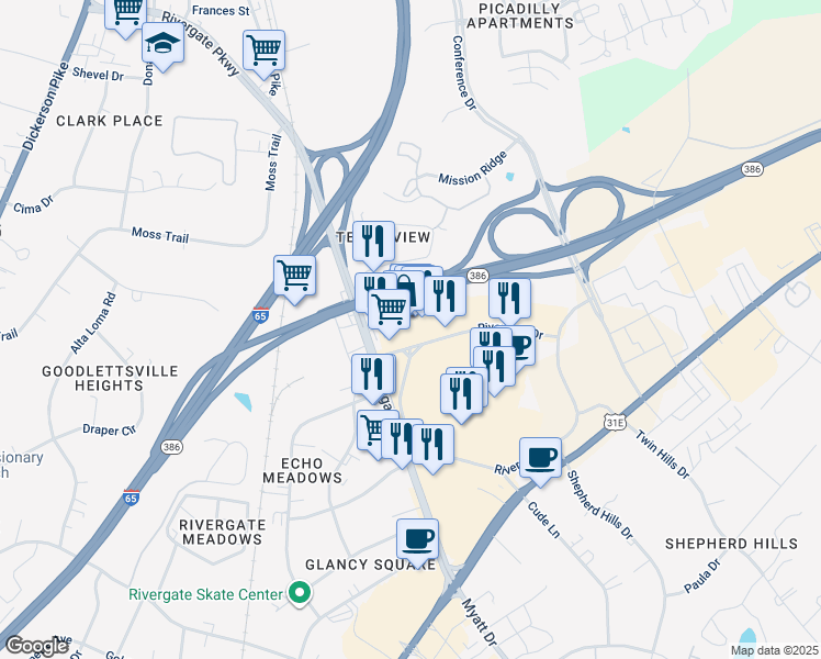 map of restaurants, bars, coffee shops, grocery stores, and more near 752 Rivergate Parkway in Goodlettsville
