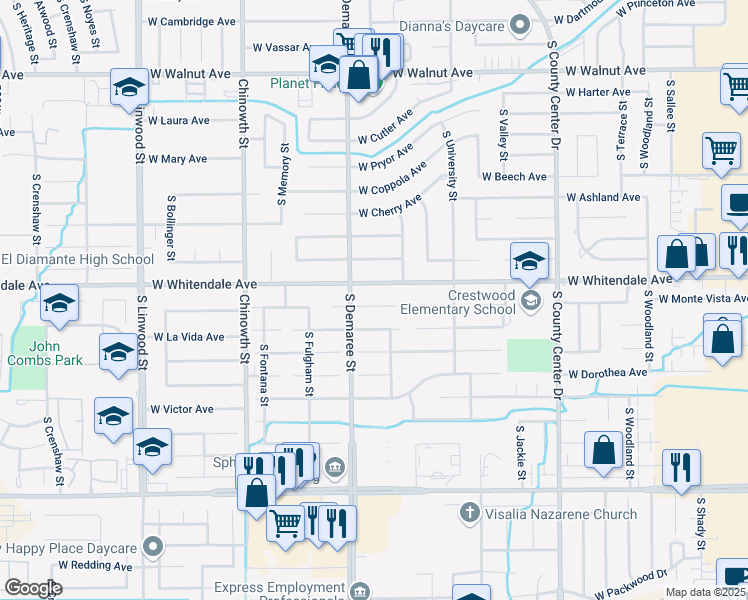 map of restaurants, bars, coffee shops, grocery stores, and more near 3625 West Monte Vista Court in Visalia