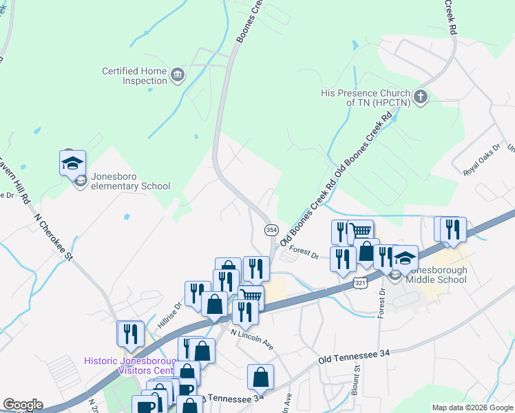 map of restaurants, bars, coffee shops, grocery stores, and more near 931 Old Bugaboo Springs Road in Jonesborough