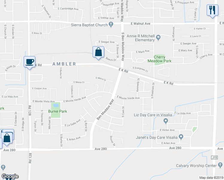 map of restaurants, bars, coffee shops, grocery stores, and more near 2838 South Sheridan Court in Visalia