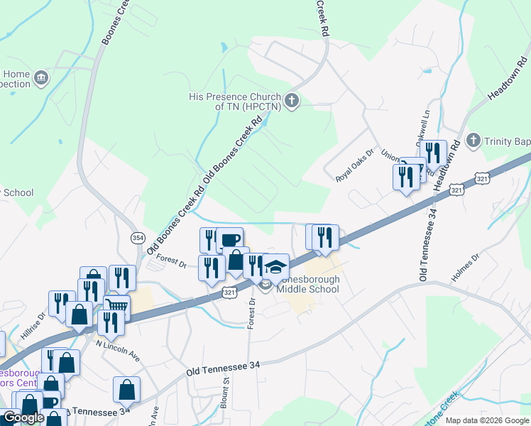 map of restaurants, bars, coffee shops, grocery stores, and more near 5 Louise Lane in Jonesborough
