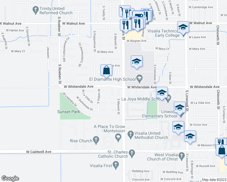 map of restaurants, bars, coffee shops, grocery stores, and more near 2826 South Tamarack Court in Visalia