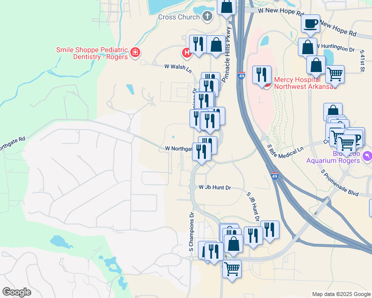 map of restaurants, bars, coffee shops, grocery stores, and more near 5335 West Northgate Road in Rogers