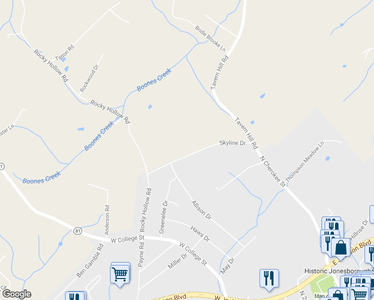 map of restaurants, bars, coffee shops, grocery stores, and more near 1247 Skyline Drive in Jonesborough
