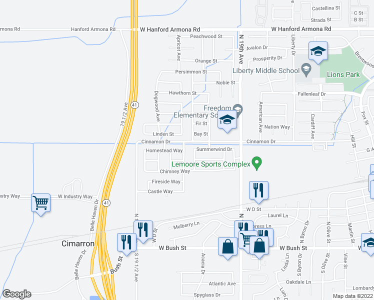 map of restaurants, bars, coffee shops, grocery stores, and more near 670 Hearth Way in Lemoore