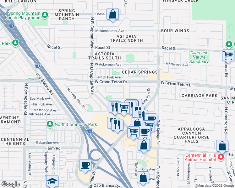 map of restaurants, bars, coffee shops, grocery stores, and more near 8617 West Hidden Pines Avenue in Las Vegas