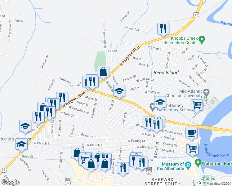 map of restaurants, bars, coffee shops, grocery stores, and more near 710 Beech Street in Elizabeth City