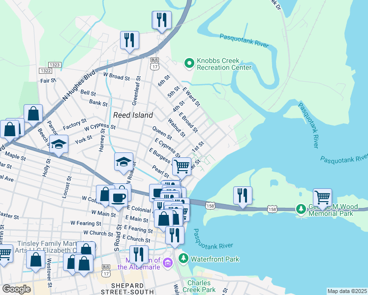 map of restaurants, bars, coffee shops, grocery stores, and more near 707 1st Street in Elizabeth City