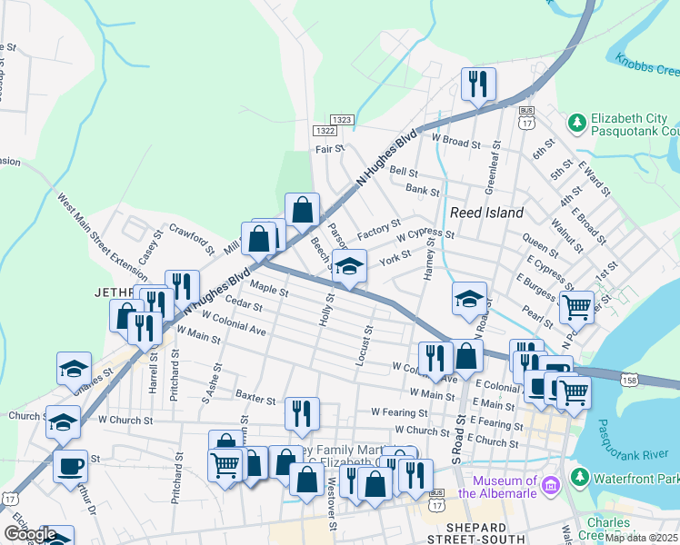 map of restaurants, bars, coffee shops, grocery stores, and more near 801 West Elizabeth Street in Elizabeth City
