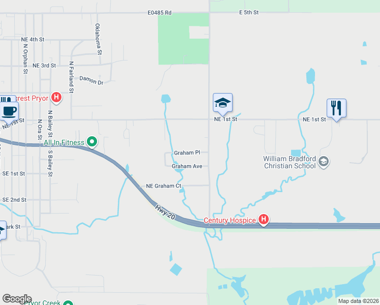 map of restaurants, bars, coffee shops, grocery stores, and more near 2007 Graham Avenue in Pryor