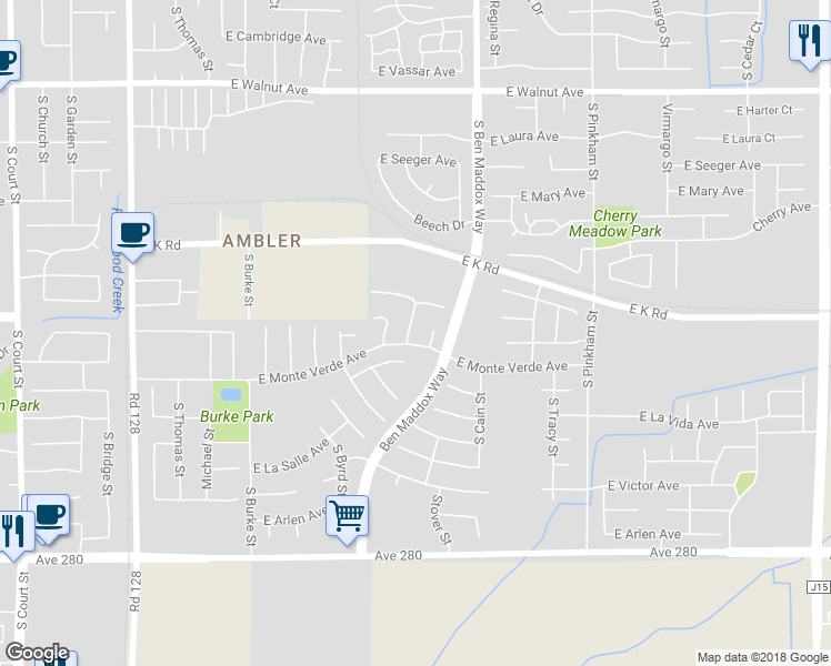 map of restaurants, bars, coffee shops, grocery stores, and more near 2846 South Terra Linda Street in Visalia