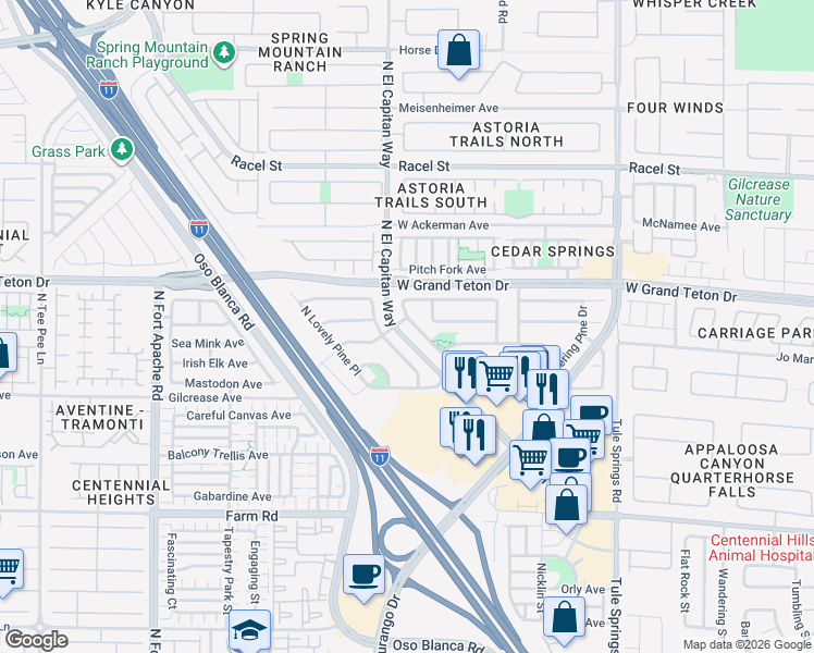 map of restaurants, bars, coffee shops, grocery stores, and more near 7949 North Willow Pines Place in Las Vegas