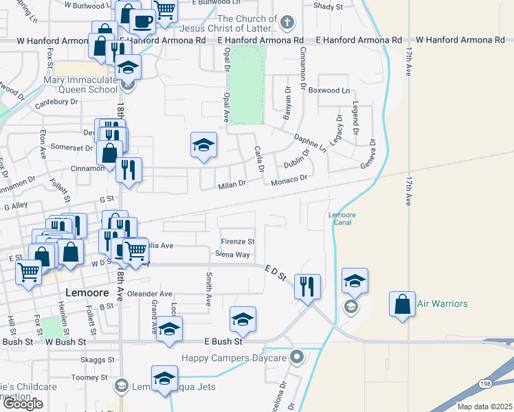 map of restaurants, bars, coffee shops, grocery stores, and more near 720 Portola Street in Lemoore