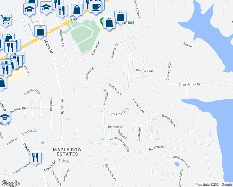 map of restaurants, bars, coffee shops, grocery stores, and more near 306 Deerpoint Drive in Hendersonville