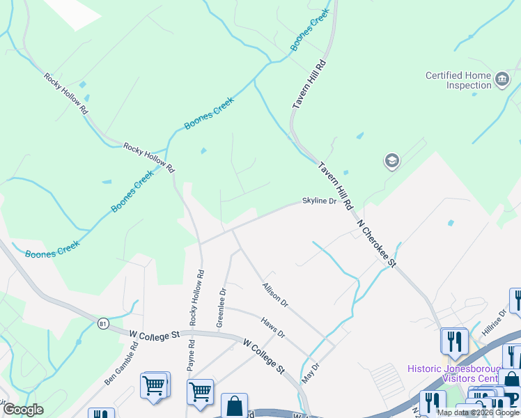 map of restaurants, bars, coffee shops, grocery stores, and more near 1200-1240 Skyline Dr in Jonesborough