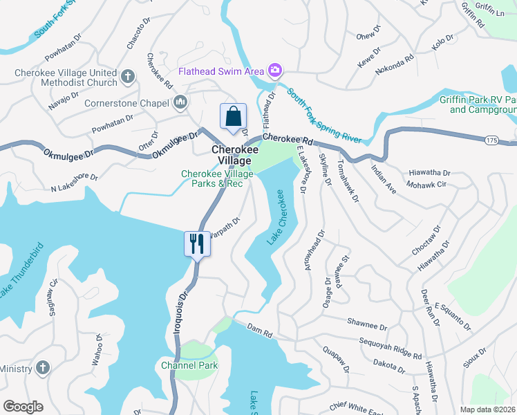 map of restaurants, bars, coffee shops, grocery stores, and more near 19 West Lakeshore Drive in Cherokee Village