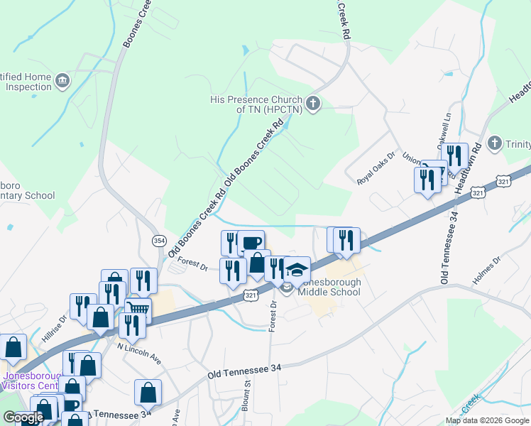 map of restaurants, bars, coffee shops, grocery stores, and more near 5 Louise Lane in Jonesborough