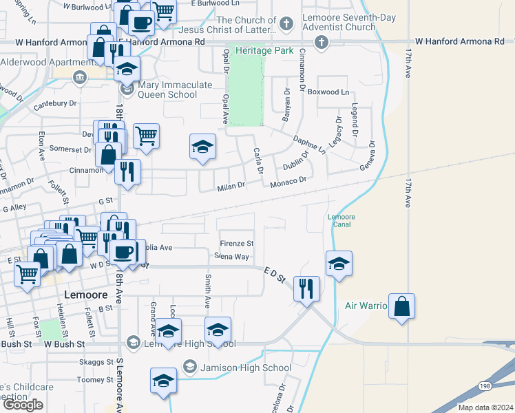 map of restaurants, bars, coffee shops, grocery stores, and more near 720 Portola Street in Lemoore