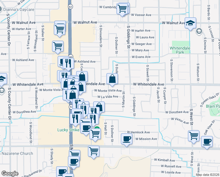map of restaurants, bars, coffee shops, grocery stores, and more near 1600 West La Vida Avenue in Visalia