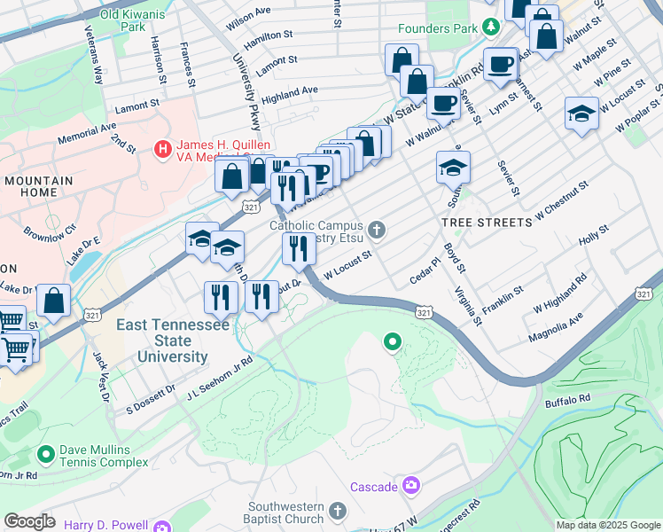 map of restaurants, bars, coffee shops, grocery stores, and more near in Johnson City