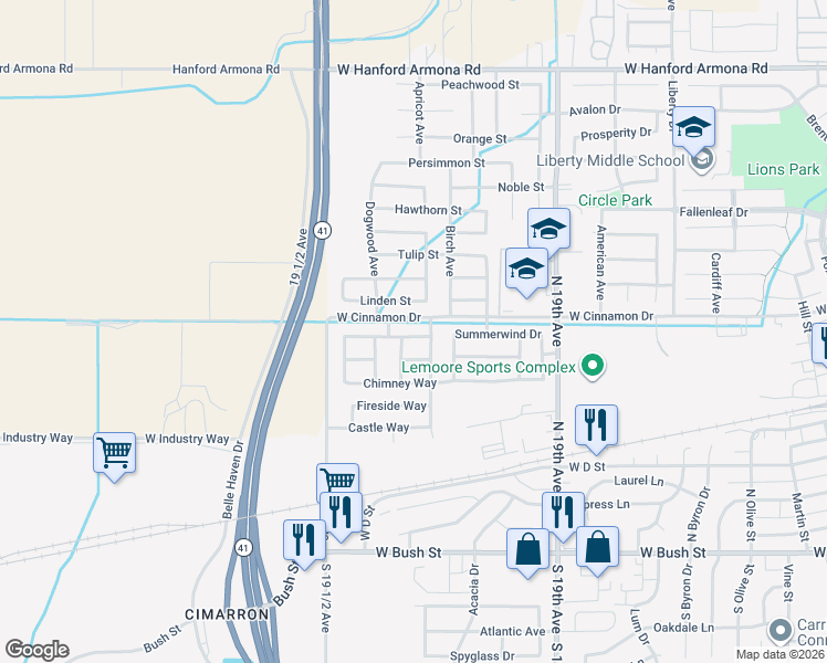 map of restaurants, bars, coffee shops, grocery stores, and more near 601 Retreat Way in Lemoore