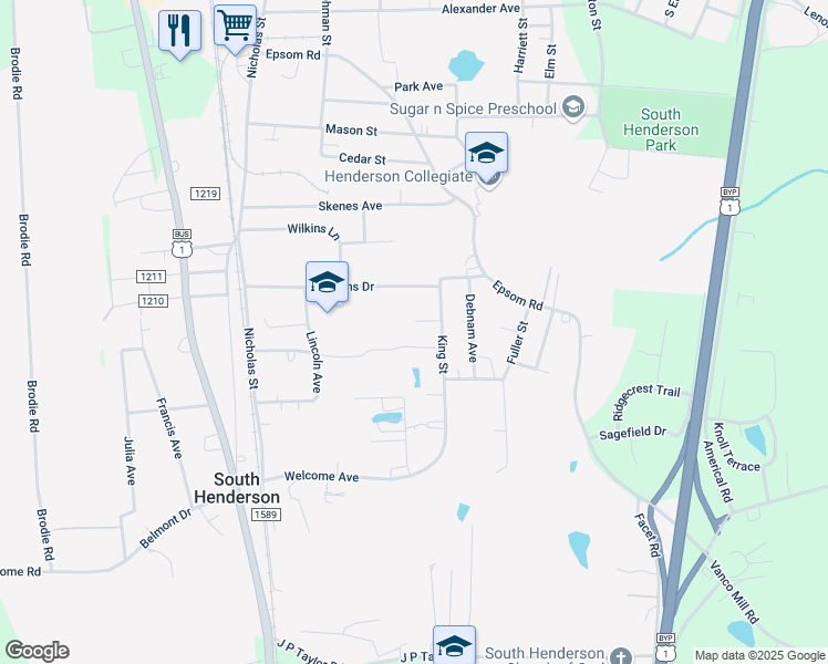 map of restaurants, bars, coffee shops, grocery stores, and more near 505 Glenn Street in Henderson