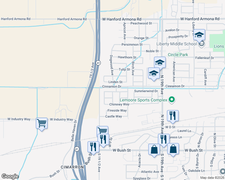 map of restaurants, bars, coffee shops, grocery stores, and more near 1740 Fortress Way in Lemoore