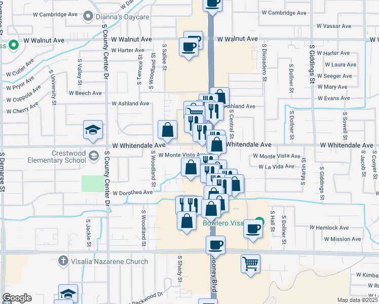 map of restaurants, bars, coffee shops, grocery stores, and more near 2247 W Monte Vista Ave in Visalia